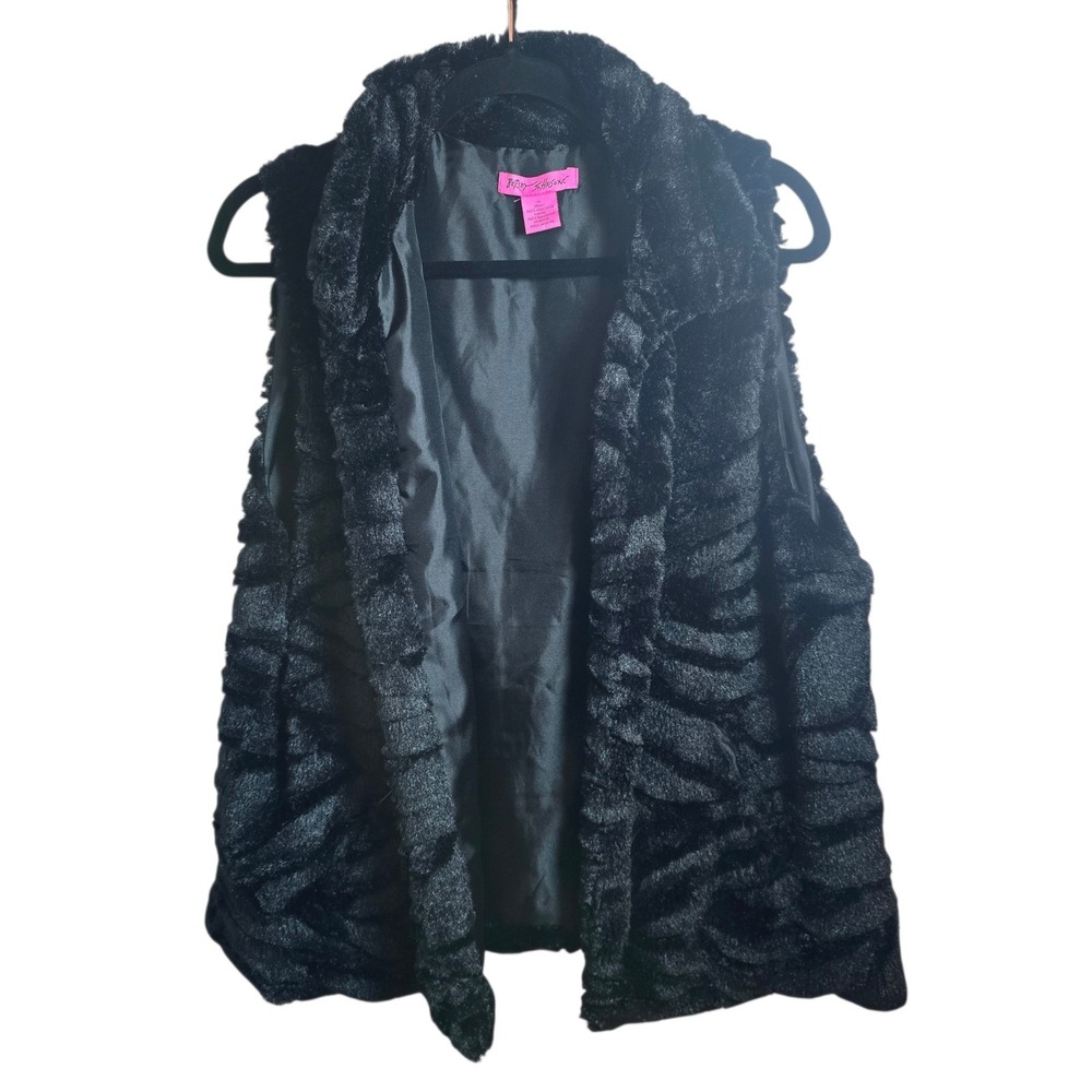 Betsey Johnson Pink Label Black Faux Fur‎ Vest Textured Size XL